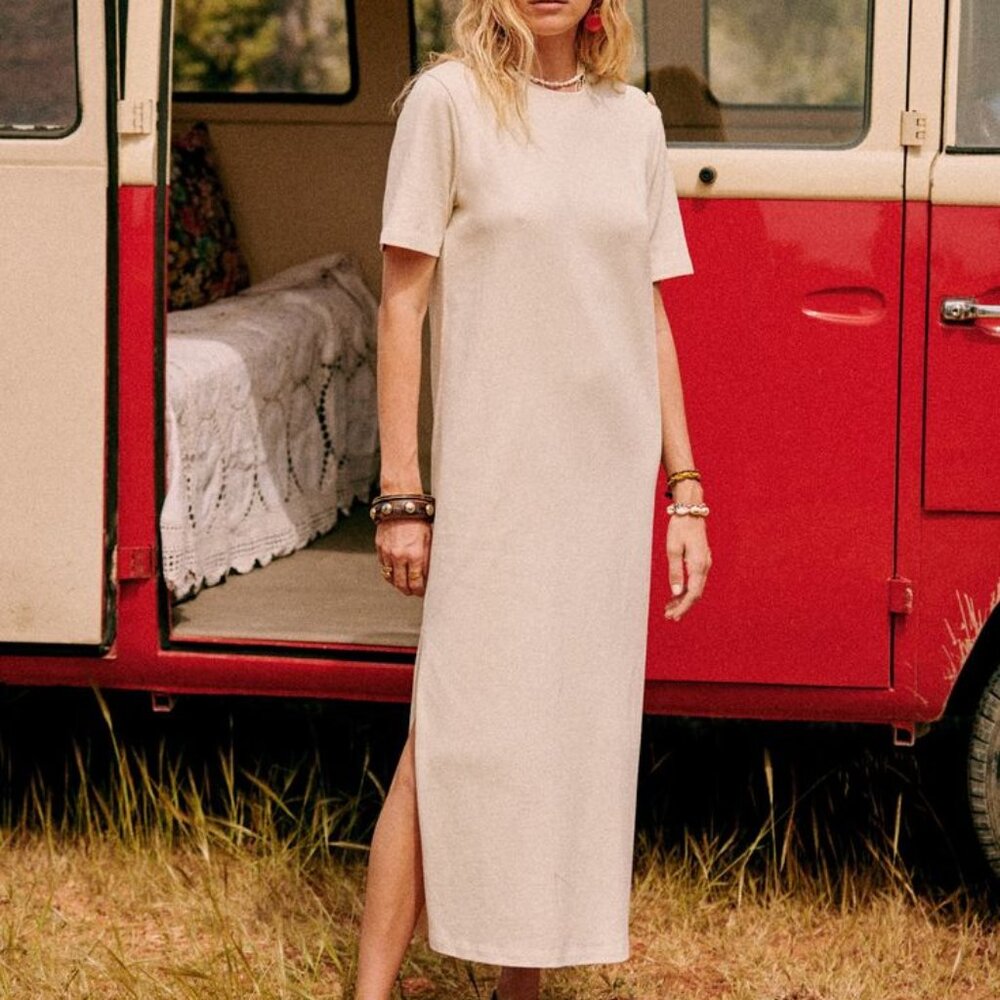 Sezane Emy Dress NWT Cream Organic Cotton Midi Dress Button Shoulder Size M